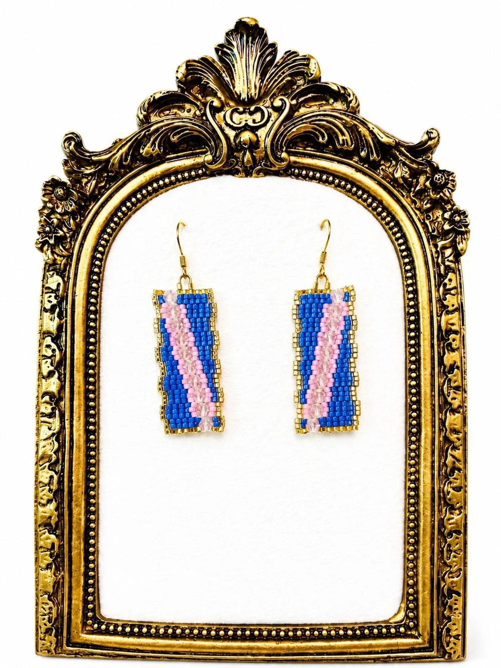 Handmade Blue and Pink Beaded Rectangle Earrings